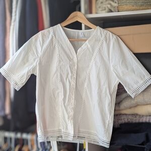 Classic White Button-Front Lace Trim Blouse